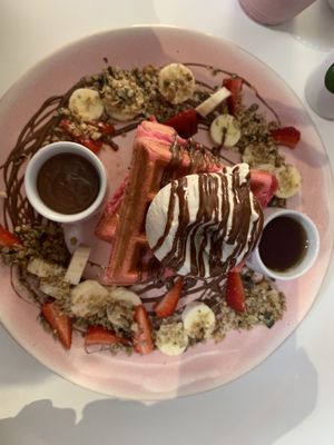 Notella waffles - with strawberries, bananas, granola and ice cream .   at Naked Bakery in Edinburgh