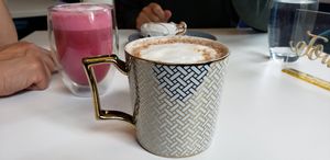 Beetroot latte and chai latte at Naked Bakery in Edinburgh