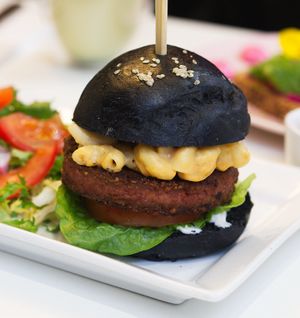 Mac and cheese burger at Naked Bakery in Edinburgh