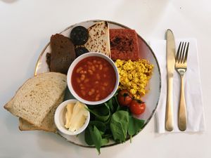 Full Scottish breakfast, I went twice because it was so tasty! at Naked Bakery in Edinburgh