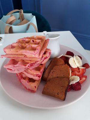 Pink waffles with berries, cream and Sgaia bacon at Naked Bakery in Edinburgh