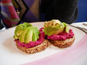 Avocado and beetroot hummus toast at Naked Bakery in Edinburgh