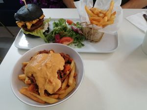 Chilli cheese fries and mac n cheese burger at Naked Bakery in Edinburgh