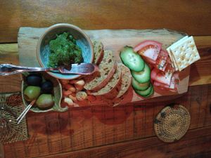 Basil pesto plate with whole grain ciabatta...so yum! at HOME Bistro and Cafe in Busan