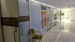 Outside the restaurant, but inside SOHO (1st Floor) at Beijing Vegan Hut in Beijing