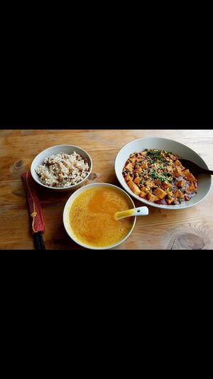 Pumpkin soup, tofu stew and rice at Beijing Vegan Hut in Beijing