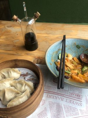 Dumplings and Morocco stew   at Beijing Vegan Hut in Beijing