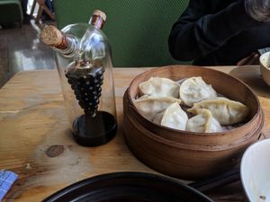 Dumplings and awesome soy/vinegar dispenser! at Beijing Vegan Hut in Beijing