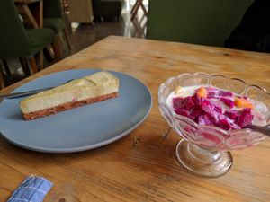 Fruit dessert and matcha cheesecake at Beijing Vegan Hut in Beijing