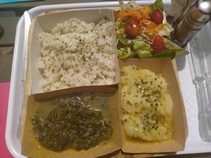 Plat du jour: spinach curry, rice, small salad, purée at Mon Resto Sans Gluten in Paris