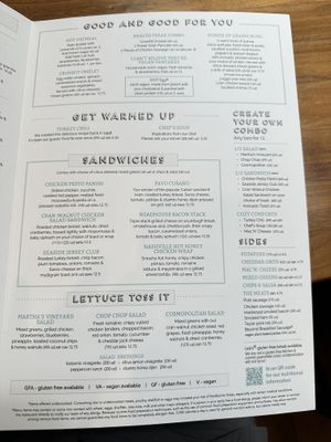 Menu, May 2025. Vegan options are marked VA for Vegan Available.   at Turning Point in Westfield