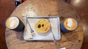 Almond milk flat whites and savory lentil pie at Good Seed Cafe in Solvang