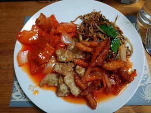 Left to right: Sweet & Sour Vegetarian Chicken Hong Kong Style, Salt & Chilli Vegetarian Chicken, Vegetarian Crispy Shredded Chilli Chicken (the noodle dish isn't from Leon) at Leon Cantonese & Chinese Takeaway in Lincoln