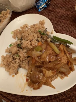 Szechwan chicken (vegan) and mushroom fried rice (no egg)  at Leon Cantonese & Chinese Takeaway in Lincoln