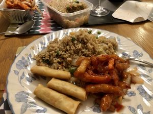 Crispy chilli vegan chicken, vegetable rice (no egg) and veggie spring rolls at Leon Cantonese & Chinese Takeaway in Lincoln