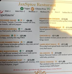 Menu Legend at JaxSpice in Jacksonville Beach