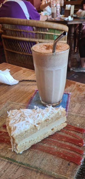 Coconut caramel cake and pb smoothie with oat milk at Kafe in Ubud