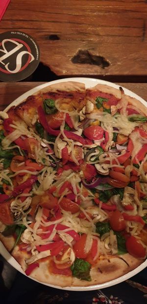Clarence pizza with vegan cheese at Station Bar & Woodfired Pizza in Katoomba