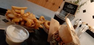 Burger, French fries, onion rings and soda at Swing Kitchen - Rosenthalerstraße in Berlin