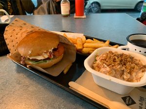 Chilli burger , fries and coleslaw  at Swing Kitchen - Rosenthalerstraße in Berlin