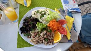 Migas, cogumelos, purê de couve-flor e salada. at Cantinho da Regina in Sesimbra