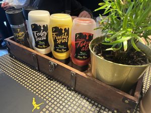 Sauce selection on the table  at Peter Pane - Holstentor in Luebeck