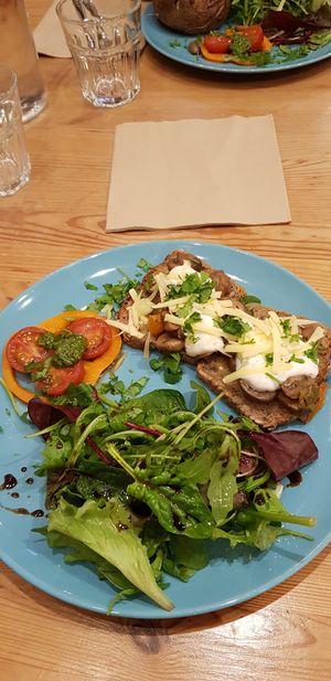 Smorrebrod sandwich with tamari mushrooms and peppers , vegan cheese, pesto and salad at Antiquity Plant-based Cafe @ The Timetravellers Bookshop in Skibbereen