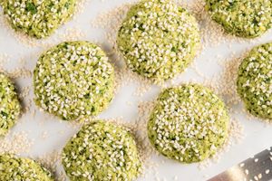 Tameya before frying. Lots of fresh herbs and shelled fava beans.. lots of flavour.. at Papyrus in Toronto