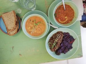 Lentil soup, chickpeas stew, broccoli and mushroom stew with quinoa at Little Plant Pantry in Amsterdam