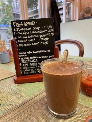 Main course menu with hot chocolate   at Little Plant Pantry in Amsterdam