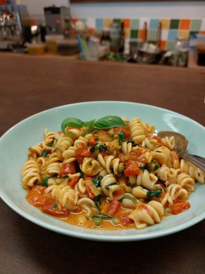 Artisan harissa pasta at Little Plant Pantry in Amsterdam