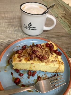 The mango cheesecake and a cappuccino   at Little Plant Pantry in Amsterdam