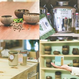 A selection of vegan products from the shop: freshly roasted coffee beans, Greek extra virgin olive oil, vegan Fondue and Parmesan, peanut butter with pepper. at Little Plant Pantry in Amsterdam