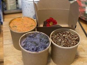 Takeaway Thai Chickpea Stew; Mushroom Broccoli Stew; Quinoa; and Tiramisu at Little Plant Pantry in Amsterdam