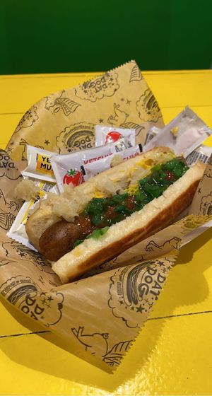 Vegan Spicy Chipotle ‘Dog with Chicago Sweet Relish, Sauerkraut, Ketchup, and Yellow Mustard.  at Dat Dog in New Orleans