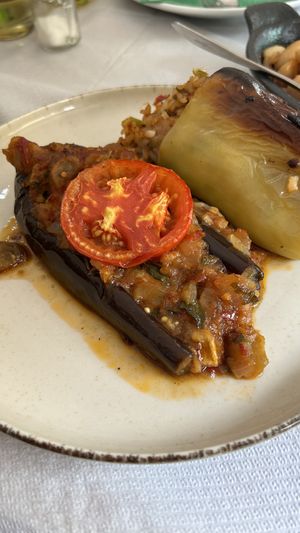 Stuffed eggplant and stuffed pepper  at Oda's Garden in Tirana