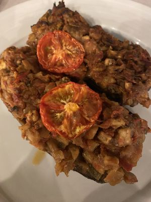 Roast aubergine and other veg  at Oda's Garden in Tirana