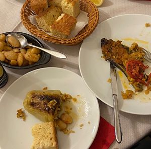 Beans, bread, bell pepper, eggplantt  at Oda's Garden in Tirana