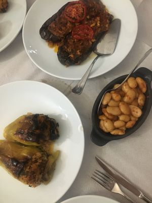 stuffed peppers, stuffed eggplant and beans  at Oda's Garden in Tirana