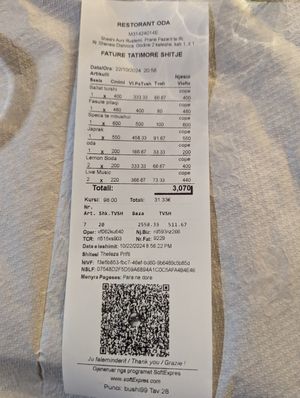 Receipt - total cost for two people. at Oda's Garden in Tirana