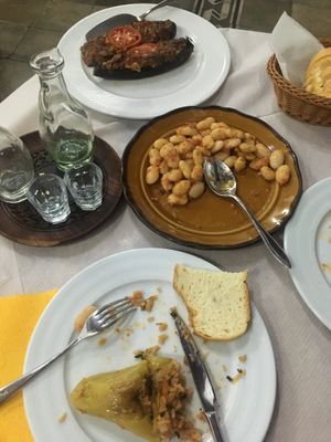 Aubergine stuffed with vegetables, Lima beans, peppers stuffed with rice at Oda's Garden in Tirana
