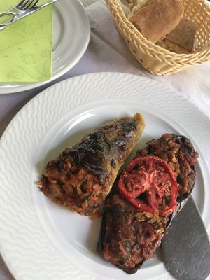 Filled pepper and filler aubergine at Oda's Garden in Tirana