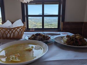 Vegetable soup, okras and stuffed peppers at Temi Albanian Food in Berat