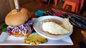 Buffalo tempeh sando with chowder at No Bones Beach Club in Chicago
