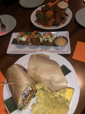 Our 3 favorites: crab cake sandwich, amazeballs, & buffalo cauliflower  at No Bones Beach Club in Chicago