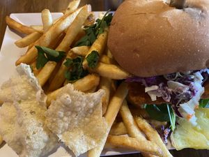 Tempeh Sandwich and fries  at No Bones Beach Club in Chicago