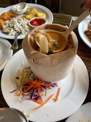 Corn soup on the coconut  at LA Vegan in Los Angeles