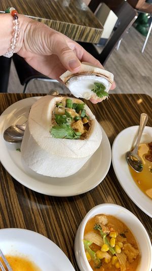 Corn coconut soup  at LA Vegan in Los Angeles