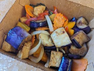 I enjoyed the Spicy Pumpkin - Eggplant - Tofu dish from LA Vegan with sauteed pumpkin, Chinese eggplant, tofu with mint leaves, chili, garlic, onions, and bell peppers. at LA Vegan in Los Angeles