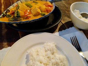 pineapple curry with a side of plain rice at LA Vegan in Los Angeles